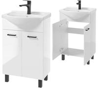 .Deftrans Lavabo avec meuble bas de 55 cm blanc brillant - Petit lavabo avec meuble bas - Meuble de salle de bain pour petites salles de bain WC invités - Ensemble lavabo de salle de bain avec lavabo