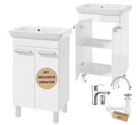 .Deftrans Lavabo avec meuble bas de 55 cm - Meuble de salle de bain blanc brillant - Meuble de salle de bain avec armoire et lavabo en céramique - Avec robinetterie, siphon et clic-clac - Convient aux