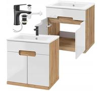 .Deftrans Lavabo avec meuble bas de 60 cm - Meuble de salle de bain à suspendre - Petit meuble sous-vasque avec armoire, robinetterie, écoulement clic-clac et siphon - Chêne/blanc brillant