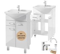 .Deftrans Lavabo avec meuble de salle de bain - 85 x 55 x 30 cm - Blanc brillant - Meuble de lavabo avec lavabo et robinet avec prise à clic - Armoire de salle de bain