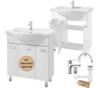 .Deftrans Lavabo avec meuble de salle de bain - 85 x 75 x 34 cm - Blanc brillant - Meuble de lavabo avec lavabo et robinet avec prise à clic - Programmes complets pour salle de bain
