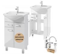 Deftrans Lavabo avec meuble debout, ensemble de meubles de salle de bain, 85 x 50 x 30 cm, blanc brillant, meuble avec lavabo et robinet, idéal pour les petites salles de bains et WC d'invités
