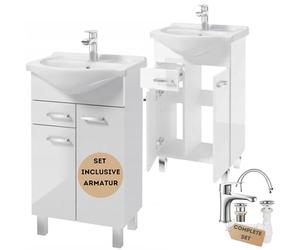 Deftrans Lavabo avec meuble debout, ensemble de meubles de salle de bain, 85 x 50 x 30 cm, blanc brillant, meuble avec lavabo et robinet, idéal pour les petites salles de bains et WC d'invités