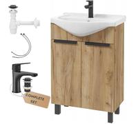 Deftrans Lavabo avec meuble sous-vasque, 60 x 85 x 43,5 cm, avec meuble bas et robinet de lavabo, lavabo pour invités avec meuble bas de 60 cm, en bois, noir, robinetterie clic-clac, kit de siphon
