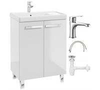 .Deftrans Meuble de lavabo avec lavabo en céramique et robinet chromé - 80 x 60 cm - Blanc brillant - Avec égouttoir, système de fermeture amortie et siphon