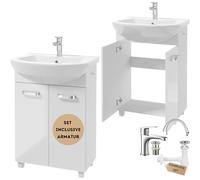 .Deftrans Meuble de Salle de Bain avec lavabo et robinetterie - 85 x 60 x 40 cm - Blanc Brillant - Meuble de Salle de Bain avec lavabo et Robinet avec Prise à clic