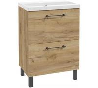.Deftrans Meuble de salle de bain avec pieds - 60 x 80 cm - En chêne artisanal - Avec 2 tiroirs - Fermeture douce - Meuble de salle de bain avec pieds - 60 x 80 cm