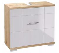 .Deftrans Meuble de salle de bain moderne, 70 cm de large, blanc brillant et chêne Sonoma - Meuble de salle de bain moderne avec découpe pour syphon - 70 x 62,5 x 31,5 cm