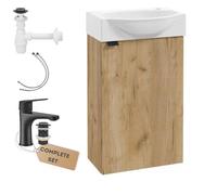 Deftrans Meuble de toilette WC avec lavabo - 40 x 69 x 21,3 cm - Chêne - Salle de bain d'hôtes avec robinet noir mat - Clic-clac