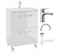 .Deftrans - Meuble sous Vasque 60 x 40 x 84 cm - Ensemble Salle de Bain avec lavabo, Robinet et Siphon - sur Pied Blanc Brillant