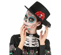 DEGUISE TOI - Chapeau haut de forme noir tête de mort fleur rouge Dia de los muertos adulte - Chapeau - Taille Unique - Noir - Accessoires pour déguisement - 100% Polyester - - Halloween