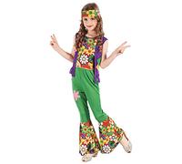 DEGUISE TOI - Déguisement hippie flower power vert fille - T-shirt avec gilet - Pantalon - Bandeau - S 4-6 ans (110-120 cm) - - Déguisements enfants - 100% Polyester - Lavage à la main - Carnaval