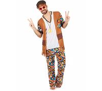 DEGUISE TOI - Déguisement hippie motifs ronds homme - Tee-shirt et veste - Pantalon - Bandeau - Collier - L - Marron - Déguisements adultes - 100% Polyester - Lavage à la main -