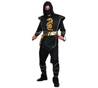 DEGUISE TOI - Déguisement ninja noir et doré homme - Combinaison à capuche - Armure - Masque - Ceinture - Jambières - L - Noir - Déguisements adultes - 100% Polyester - Laver à la main - Carnaval