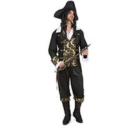 DEGUISE TOI - Déguisement pirate à motif homme - Veste - Pantalon - Sur-bottes - Chapeau - XL - Noir - Déguisements adultes - 100% Polyester - Lavable à la main - Carnaval