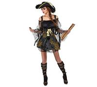 DEGUISE TOI - Déguisement pirate noir et doré femme - Robe - Gilet - Chapeau - M/L - Noir - Déguisements adultes - 100% Polyester - A la main - Carnaval