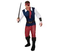 DEGUISE TOI - Déguisement Pirate rayures rouges et noires homme - Cache-oeil - Bandeau - Haut - Pantalon - Ceinture - Sur-bottes - Manchons - XL - Coloré - Déguisements adultes - 100% Polyester