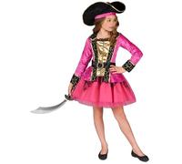 DEGUISE TOI - Déguisement Pirate rose et or fille - Robe - Chapeau - Ceinture - L 10-12 ans (130-140 cm) - Rose - Déguisements enfants - 100% Polyester - Laver à la main - Carnaval