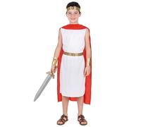 DEGUISE TOI - Déguisement romain à cape garçon - Robe - Cape - Bandeau -Ceinture -Protège-bras - L 10-12 ans (130-140 cm) - Blanc - Déguisements enfants - 100% polyester - Lavage à la main -