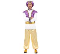 DEGUISE TOI - Déguisement sultan homme - T-shirt avec faux gilet - Pantalon - Ceinture - Chapeau - L - Doré - Déguisements adultes - 100% polyester - A la main - Carnaval