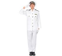 DEGUISE TOI - Déguisement uniforme d'officier de la marine homme - Veste - Pantalon - Casquette - 2 Gants - S - Blanc - Déguisements adultes - 100% polyester - Laver à la main - Carnaval
