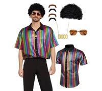 Déguisement 5 pièces des années 70 pour homme avec accessoires disco, perruque, lunettes de soleil, fausse barbe, collier disco pour fête des années 60 et 70 (multicolore, taille XL)