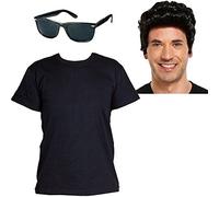 Déguisement accessoire pour adulte avec cette perruque noire style Rock'n roll des années 1950's + des lunettes + un T-shirt noir. Idéal pour les enterrements de vie de garçon. ( Small )