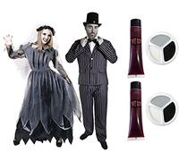 Déguisement accessoires maquillage et faux sang de jeune couple marié pour adulte pour l'Homme M. veste + pantalon + chapeau + nœud papillon + pour la Femme L. une robe mariée + voile