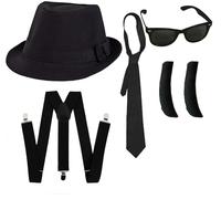 Déguisement accessoires pour adulte des frêres qui ont le blues avec un chapeau (58cm) + des bretelles + une cravate + des lunettes + des favoris. Idéal pour les enterrements de vie de garçon.