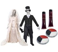 Déguisement accessoires pour couple adulte avec pour la Femme XL une robe de jeune mariée au cœur brisé et pour l'Homme XXL un costume de jeune marié fantomatique + maquillage + faux sang.