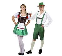 Déguisement accessoires pour couple adulte de Bavarois avec pour l'Homme XXL une salopette verte courte + un haut blanc + un chapeau vert et pour la Femme S. une jupe verte et marron + des bas blancs