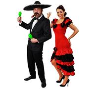 Déguisement accessoires pour couple adulte style Mexicain pour l'Homme M. veste + pantalon + nœud papillon + Sombrero + maracas verts + moustache + cigare + pour la Femme M. une robe rouge