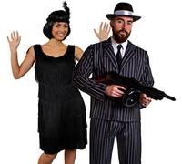 Déguisement accessoires pour couple de gangster adulte une robe noire Charleston XXL, un bandeau, un collier de fausses perles + un costume L. une mitrailleuse Thompson gonflable, un chapeau