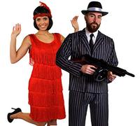 Déguisement accessoires pour couple de gangster adulte une robe rouge Charleston XXL, un bandeau, un collier de fausses perles + un costume XXL, une mitrailleuse Thompson gonflable, un chapeau