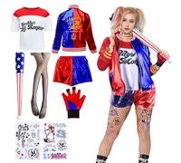 Déguisement Adulte Femme- Costume Harley Squad Joker Fille Carnaval Avec batte de Baseball Tatouages Temporaires Gants Veste T-shirt Short Résille Soirée à thème Cosplay de Carnaval d'Halloween