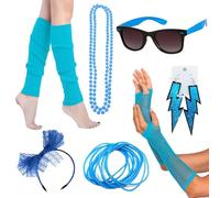 Déguisement Année 80 Accessoire Femme, Retro Vêtements Accessoires Mascarade 80s, 80s Disco Costume Vetement Fête, avec Bandeau Lunettes Bracelet Boucle d'oreille Collier en Résille Gants (Bleu)