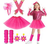 Deguisement Annee 80 Enfant Fille Fluo, Jambiere Fluo Rose Accessoire Fluo Enfant Avec Tutu Jupe Gants Filet de Poisson Boucles D'oreilles Bandeau Filles Robe de Fête Pour 80s 90s Disco Party Cosplay