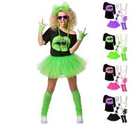 Déguisement Année 80 Femme Tenue Disco Fluo - Set 18 Pièces Costume Adulte avec T-Shirt Lèvres Tutu Rose & Accessoires Néon - Set Complet Jambières Gants Résille pour Carnaval Soirée à Thème