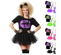 Déguisement Année 80 Femme Tenue Disco Fluo - Set 18 Pièces Costume Adulte avec T-Shirt Lèvres Tutu Rose & Accessoires Néon - Set Complet Jambières Gants Résille pour Carnaval Soirée à Thème