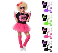 Déguisement Année 80 Femme Tenue Disco Fluo - Set 18 Pièces Costume Adulte avec T-Shirt Lèvres Tutu Rose & Accessoires Néon - Set Complet Jambières Gants Résille pour Carnaval Soirée à Thème