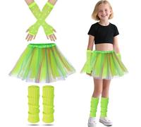 Déguisement Année 80 Fille, Deguisement Disco Enfant Filles Néon Jambes Chauffers Filets Gants et Robe Fantaisie Tutu Pour Les Années 1980 Fête à Thème Discothèque Fête Costume (Vert)