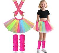 Déguisement Année 80 Fille, Deguisement Disco Enfant Filles Néon Jambes Chauffers Filets Gants et Robe Fantaisie Tutu Pour Les Années 1980 Fête à Thème Discothèque Fête Costume (Arc-en-ciel)