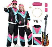 Déguisement Année 80 Homme Femme Costumes Années 90 Tenue Rétro Disco Hippie Adulte Accessoires Lunettes Guitare Gonflable Carnaval Halloween (Rose Noire, 2XL)