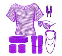 Deguisement Annee 80s Accessoire,Tenue de Soirée Disco Néon des Années 90s,T-shirt,Tutu,Bracelet,Sac Banane,Lunette,Colliers,Tenu Année Thème Carnaval Femme,Tenue Chic Detail Choc,CélébrationCarnaval