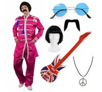 Déguisement années 60 avec veste, guitare Union Jack, perruque, lunettes, moustache et collier de paix Rose Taille XL
