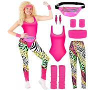 Déguisement années 80 pour femme avec boucles d'oreilles, sac, combinaison, chaussettes souples, foulard, pantalon, bracelets pour fêtes rétro années 80, Rouge, M