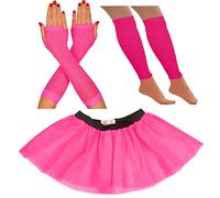 Déguisement Années 80 pour Femme - Jupe Tutu Fluo, Accessoires de Fête - Costume Rétro avec Jambières en Résille (42-50 UK - Rose)