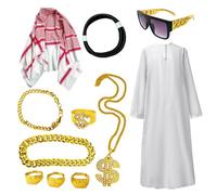 Déguisement arabe de la tunique du cheikh pour homme arabe - Kit d'accessoires tunique blanche Sheikh - Accessoires de cosplay pour Halloween, fêtes à thème, carnaval