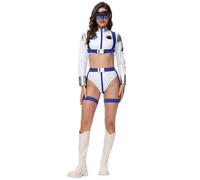 Deguisement Astronaute Adulte 5Pcs Argent Costume Spatial Ensembles | Space Costume avec Ceinture Lunettes et Bretelles Femme Combinaison Cosplay Cosmonaute à Col Montant Carnaval Halloween