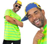 Déguisement BEL AIR Prince des années 90 avec chemise à manches courtes rayée verte et jaune + casquette de baseball bleue et jaune + lunettes de soleil. Taille : XXL